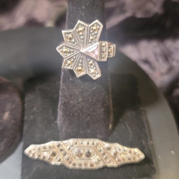 0514.Marcasite Set w/ Amythyst In Elegant 925 Silver Jewelry for Art Deco Lovers - Picture 3 of 15